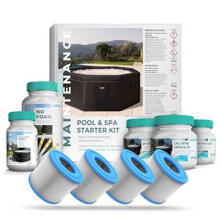 Hot tub chemical starter kits and replacement filter sets, AI generated