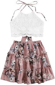 Amazon Com Shein Women S 2 Piece Boho Halter Tie Back Lace Crop Top With Skirt Set Pink Flower X Large Clothing Shoes Jewelry