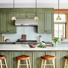 Green Cabinets With Blue Glass Subway Tiles Transitional Kitchen In 2020 Stained Kitchen Cabinets Transitional Kitchen Design Green Kitchen Island