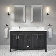 W dove grey double bath vanity with natural white marble vanity top with undermount sinks. Corniche 60 In Vanity With Engineered Stone Countertop Ikou Inc