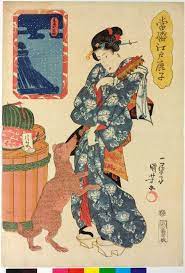 a woman at the market holding a skewer of food japanese lantern seeds away from a begging dog kuniyoshi 當盛江戸 japanese art prints japanese prints japanese art