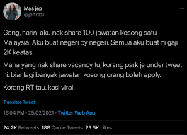 Portal ini diwujudkan untuk membantu golongan b40, yang sekarang ini tersepit dengan kelulusan mereka yang tidak tinggi, membuatkan gaji juga tidak seberapa. Nak Bantu Orang Dapat Gaji Tinggi Lelaki Ini Senaraikan 100 Jawatan Kosong Gaji Bermula Rm2k Di Seluruh Malaysia