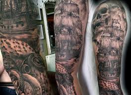 Attractive black ink pirate ship tattoo on forearm. 100 Black White Pirate Ship Skull Sleeve Tattoo Design Png Jpg 2021