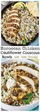 Add half of the cauliflower couscous and stir well, cook for a few minutes until tender. Moroccan Chicken Cauliflower Couscous Bowls With Yogurt Tahini Dressing Chicken Cauliflower Cauliflower Couscous Couscous Recipes