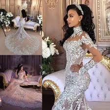 Gorgeous Mermaid Wedding Dresses Lace Appliques Sheer High Neck Bridal Gowns With Long S Lace Mermaid Wedding Dress Bridal Gown Fitting Crystal Wedding Dresses
