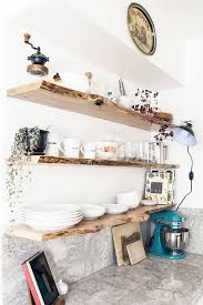 Modern Kitchen With Open Raw Wood Edge Shelves Kitchens Live Edge Kitchen Living Live Edge Shelves