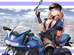 1girls artist name belt blonde hair cameltoe camie utsushimi city  background cropped legs female female focus female only fingerless gloves  fishnet pantyhose handcuffs jacket large breasts leaning back legs