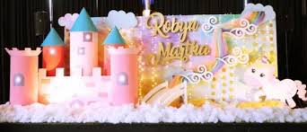 For a fancy headboard, attach a castle mural stickup, and hang curtains. Banners Bunting Garlands Castle Prop Insta Theme Princess Fairy Unicorn Theme Birthday Party Decoration Home Garden