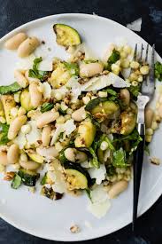 Grilled Zucchini Salad With Corn And Marinated White Beans Recipe Vegetarian Recipes Zucchini Salad Grilled Zucchini