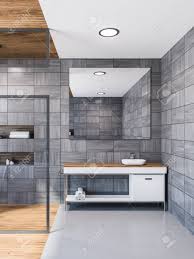 Natural stone tile for small bathroom shower. Gray Wooden Tile Bathroom Interior With Gray Floor And A Glass Stock Photo Picture And Royalty Free Image Image 107257821