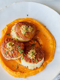 Seared Scallops Over Roasted Butternut Squash Puree Recipe Scallops Seared Pureed Food Recipes Butternut Squash Puree