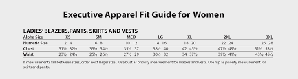 Womens Size Chart Only Executive Apparel