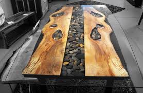 Live Edge Wood And Pebble Table Topped With Glass Amazing Resin Natural Furniture Resin Furniture