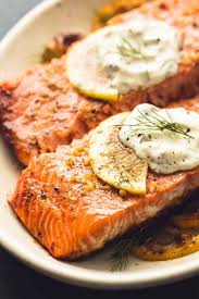 Baked Salmon With Creamy Lemon Dill Sauce Recipe Yummly Recipe Healthy Baked Salmon Lemon Salmon Recipes Baked Salmon Recipes