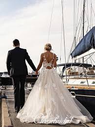 V Neck A Line Lace Tulle Rmantic Chic Long Wedding Dresses Beach Wedding Dresses Backless Long Sleeve Bridal Dresses Backless Wedding Dress
