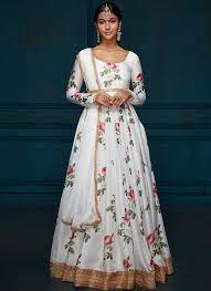 Peach embroidered net party wear gown with dupatta. White Floral Printed Satin Anarkali Indian Anarkali Dresses Anarkali Dress Party Wear Indian Dresses
