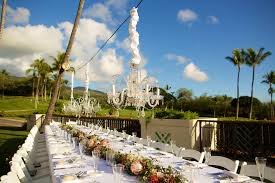Luxury Outdoor Wedding Reception Table With Palm Trees Chandeliers And Floral Garl Maui Wedding Receptions Wedding Venues Hawaii Maui Beach Wedding