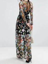 Black Embroidery Floral Long Sleeve Sheer Mesh Maxi Dress Sheer Maxi Dress Sheer Floral Dress Maxi Dress