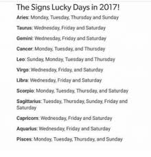 According to astrology, cancer colors are green and blue. The Signs Lucky Days In 2017 Aries Monday Tuesday Thursday And Sunday Taurus Wednesday Friday And Saturday Gemini Wednesday Friday And Saturday Cancer Monday Tuesday And Thursday Leo Sunday Monday Tuesday And
