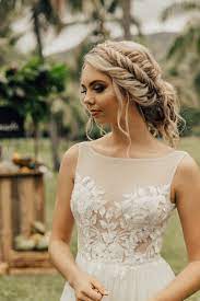 Romantic Wedding Hair With Boho Braid Updo And Wedding Dress With Illusion Neckline Floral Lace Ap Romantic Wedding Hair Bride Hairstyles Vintage Wedding Hair