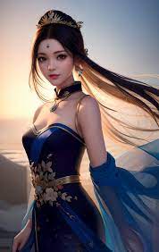 Eine Frau in einem blauen Kleid mit einer Tia und einem blauen Umhang -  SeaArt AI