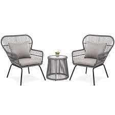 Best Choice Products 3 Piece Patio Wicker Conversation Bistro Set W 2 Chairs Glass Top Side Table Cushions Gray Walmart Com In 2020 Glass Top Side Table Bistro Set Bistro Furniture
