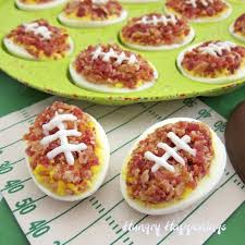 Deviled Egg Footballs Bacon Topped Deviled Eggs Decorated Like Footballs Recipe Bacon Topping Healthy Superbowl Snacks Food