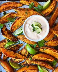 Crispy, baked sweet potato fries are obviously not chicken wings. Spiced Sweet Potato Wedges With Chipotle Lime Dipping Sauce By Dianemorrisey Quick Easy Recipe The Feedfeed