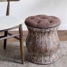 This delicately carved ottoman recalls french neoclassical furniture, and its plush velvet tufting encourages relaxation and entertaining of the most luxuriant kind. Newl Brown Faux Leather Tufted Round Wood Ottoman W Storage 81a65 Lamps Plus