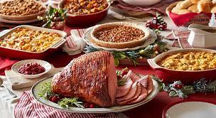 Christmas package, including cheese ball and crackers, holiday salad, prime rib, potatoes au gratin, asparagus, potato rolls, peppermint white chocolate cheesecake, more: Christmas