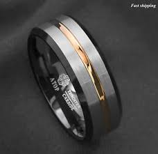 In stock at your store. 8 6mm Silver Brushed Black Edge Tungsten Ring Gold Stripe Atop Mens Wedding Band Ebay