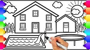Learn How To Draw A House With Swimming Pool And Trampoline House Colo Trampoline House Swimming Pools House Colouring Pages