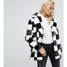 Black And White Checkered Fluffy Jacket Jakke Mid Length Faux Fur Coat In Checkerboard 235 Liked On Polyvore Featuring Outerwear Coats Black Womens Faux Fur Coat Cropped Faux Fur Coat Fashion