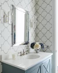 Gray Bathroom With Quatrefoil Wallpaper Transitional Bathroom Bathroom Feature Wall Chic Bathrooms Bathrooms Remodel