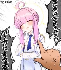 shiming liangjing, kaya (blue archive), blue archive, highres, translation  request, 1girl, ahoge, blue necktie, blunt bangs, blush, closed eyes,  flying sweatdrops, gloves, hair between eyes, halo, long hair, long  sleeves, necktie, open