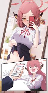 z.taiga, aru (blue archive), aru (young) (blue archive), blue archive,  absurdres, highres, 1girl, aged down, black skirt, blush, cellphone,  clothes lift, collared shirt, glasses, gloves, halo, holding, holding  phone, horns, lifting own