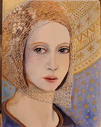 Medieval-themed painting with metallic paint and watercolors