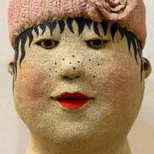 Jo Rowley 'Girl in Pink Sweater' 9"H x 4"D Stoneware, Glaze & Gold Leaf $450