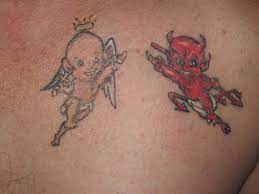 Cute Baby Angel Baby Devil Tattoo On Back Shoulder