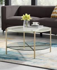 Walker Edison 32 Inch Round Coffee Table In White Faux Marble With Glass Shelf And Gold Legs Reviews Furniture Macy S In 2020 Coffee Table Round Coffee Table Glass Shelves