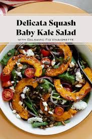 Delicata Squash Baby Kale Salad With Balsamic Vinaigrette Recipe Winter Salad Recipes Baby Kale Salad Kale Salad