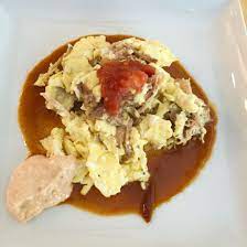 Carnitas Scrambled Eggs With Chihuahua Cheese Chipotle Cream Habanero Aioli And Xochitl Salsa Food Chihuahua Cheese Recipes