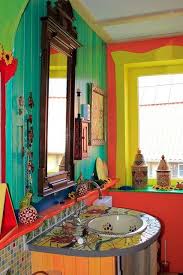 Eclectic Boho Mexican Bathroom With Bold Colors And Great Decoration Ideas Home Bathroom Ecelctic Boho Bohemian Mexican Green Modern Interior Decor Bohemian Bathroom Home