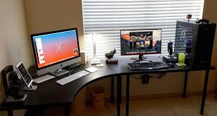 Black Gaming Computer Desk Setup With Ikea Linnmon Corner Desk And Adils Legs Masculine Home Offices Home Office Furniture Home Office Decor