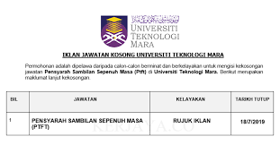 Kekosongan jawatan kosong uitm adalah di kampus dan cawangan uitm berikut bagi permohonan jawatan pensyarah/pensyarah kanan/profesor madya/profesor: Jawatan Kosong Terkini Universiti Teknologi Mara Uitm Pensyarah Sambilan Sepenuh Masa Kerja Kosong Kerajaan Swasta