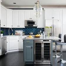 Peacock Blue Kitchen Island With Gray Leather Tufted Stools White Contemporary Kitchen Blue Kitchen Island Contemporary Kitchen