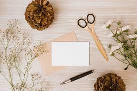 Download Pinecone Scissor Aster And Baby S Breath Flowers Fountain Pen And Blank Card On Wooden Desk For Free Babys Breath Flowers Blank Cards Babys Breath