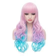 Amazon Com Beron 26 Women Girls Multi Color Long Wavy Rainbow Wig With Bangs Pink Blue Mixed Beauty