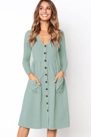Light Green Long Sleeve V Neck Pocket Button Up Casual A Line Dress Long Sleeve Dresses Fall Light Green Dress Long Sleeve Casual Dress