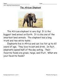 The African Elephant Reading Comprehension Worksheet Reading Comprehension Comprehension Worksheets First Grade Reading Comprehension